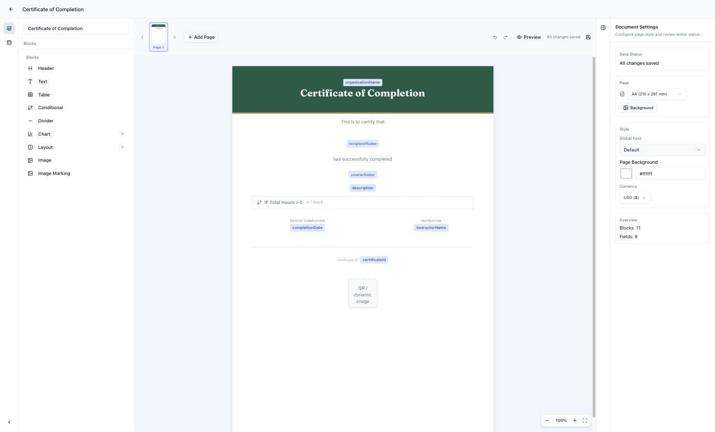 Diro's certificate template editor with dynamic fields for name, course, and completion date