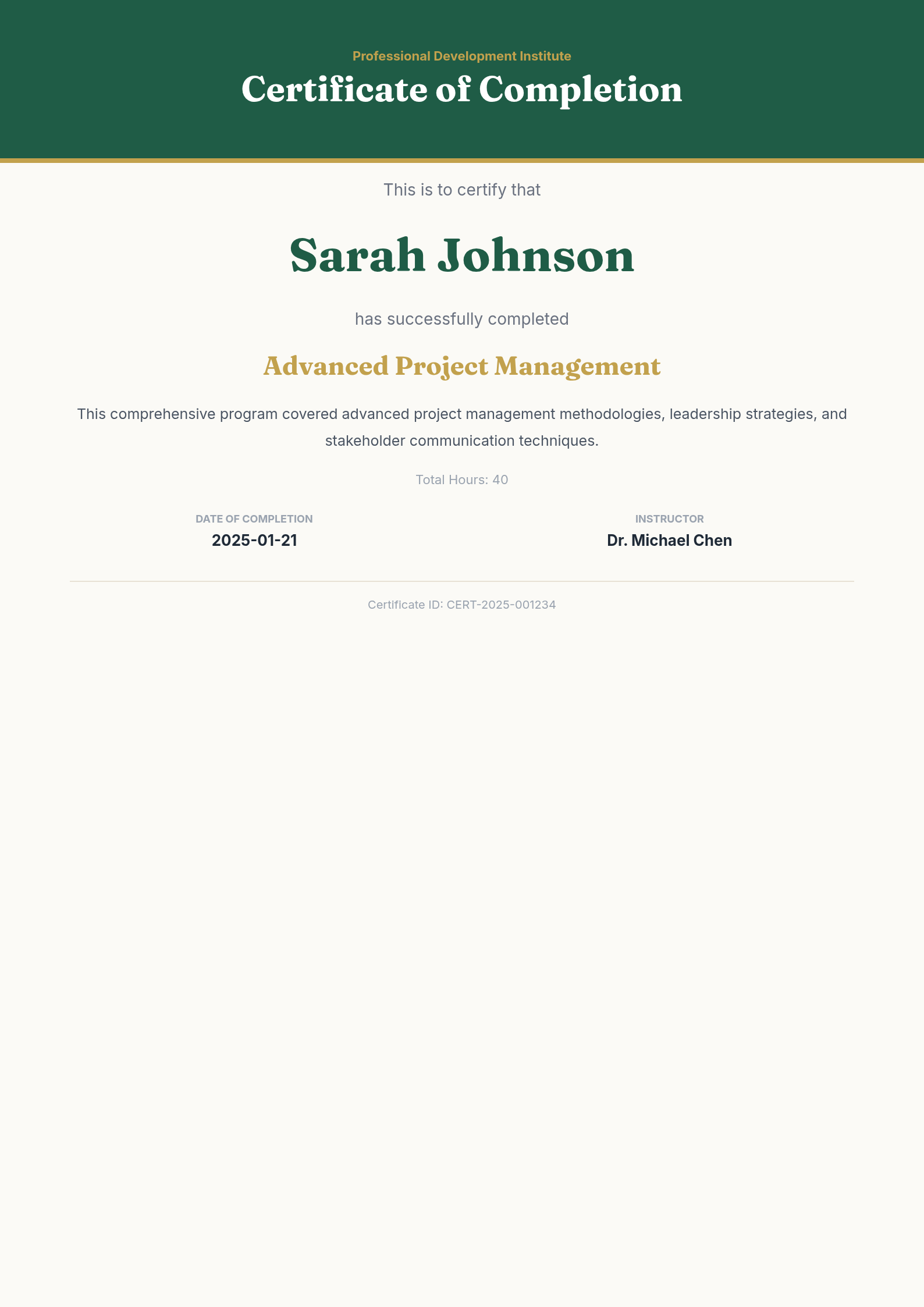 A finished certificate of completion generated by Diro