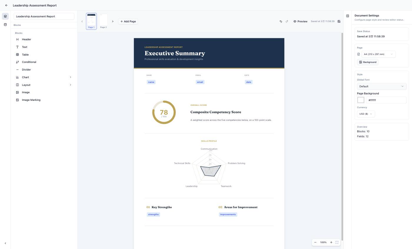 Diro's visual editor - designing a leadership assessment report with dynamic fields and charts